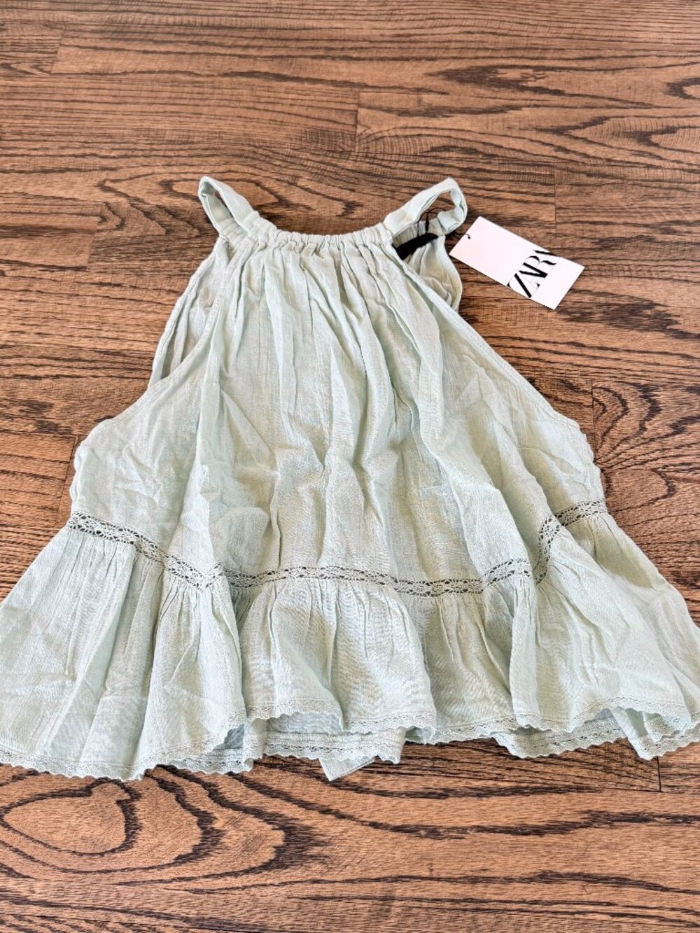 ZARA Tank Top Sage Green Embroidered Blouse Flowy Bohemian Tie Sz Small NWT $45